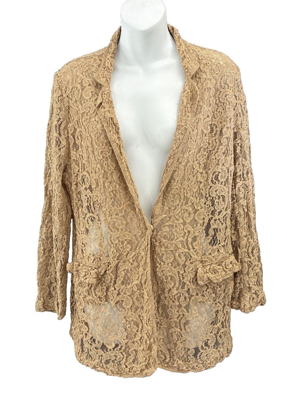 Chicos Tan Sheer Lace Blazer Jacket Sz L Relaxed Romantic Boho Cottage Coquette